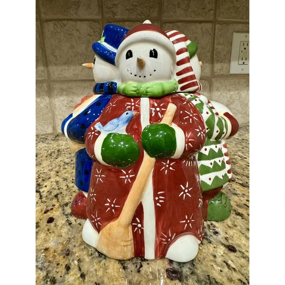 Block Snow People Cookie Jar 1999 Gear Ceramic Multi-Color‎ 4-Snowmen Holiday